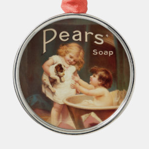 Puppy Taking A Bath Vintage Antique Metal Ornament