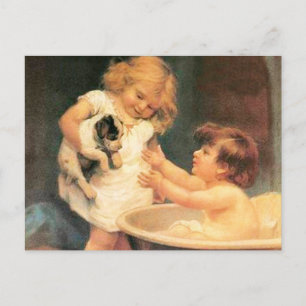 Puppy Taking A Bath Vintage Antique Postcard