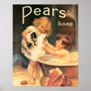 Puppy Taking A Bath Vintage Antique Poster