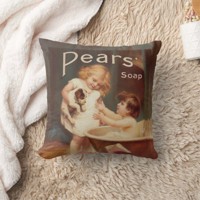Puppy Taking A Bath Vintage Antique Throw Pillow (Blanket)