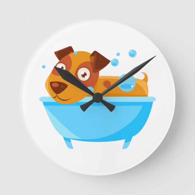 Puppy Taking A Bubble Bath In Tub Round Clock (Front)