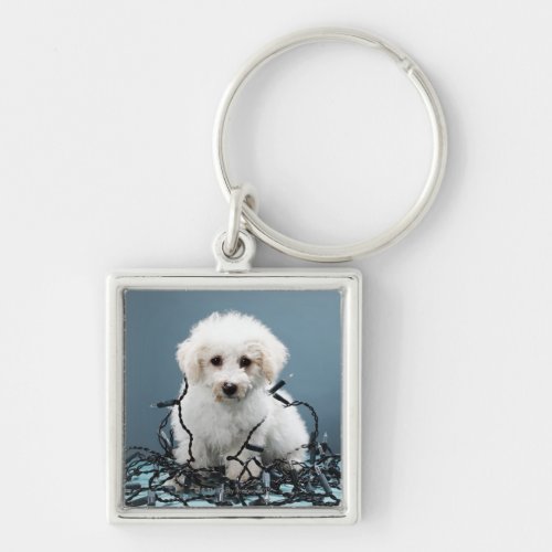 Puppy tangled in Christmas lights Keychain