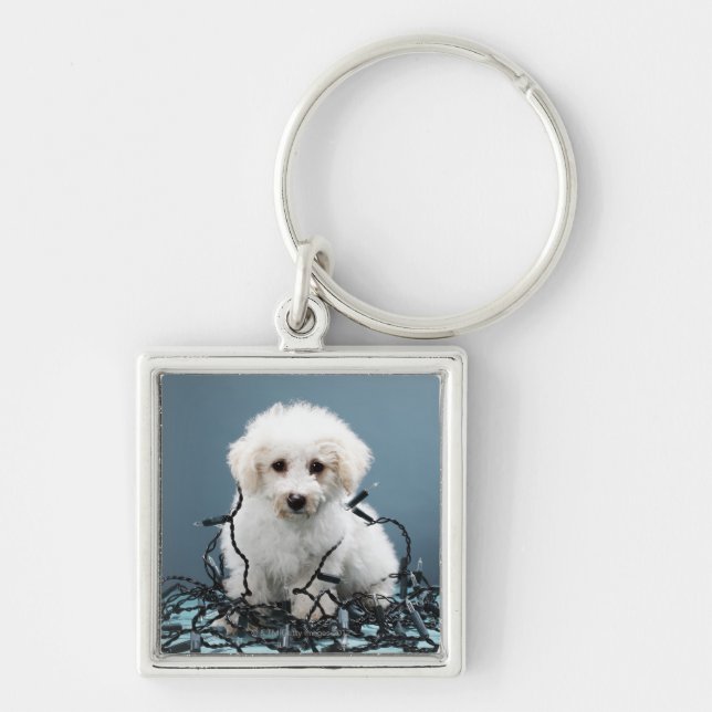 Puppy tangled in Christmas lights Keychain (Front)