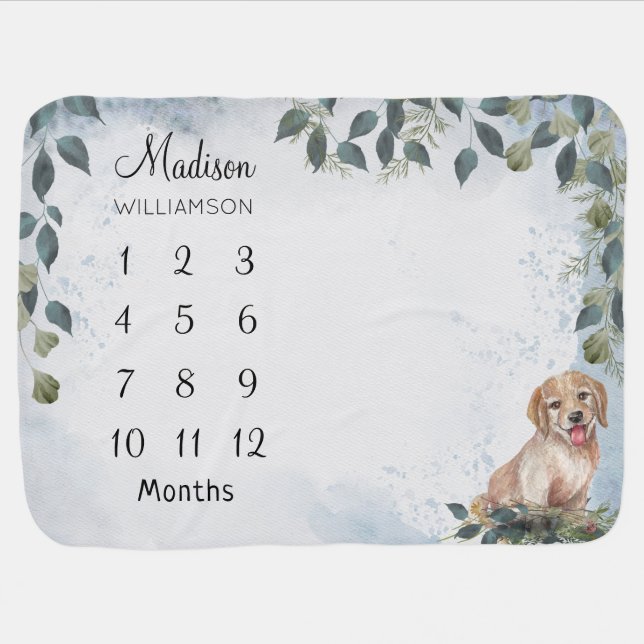 Puppy Themed Watercolor Milestone  Baby Blanket (Horizontal)