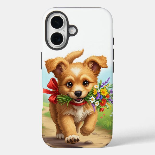 Puppy wearing bow delivering flowers birthday Case-Mate iPhone case (Back)
