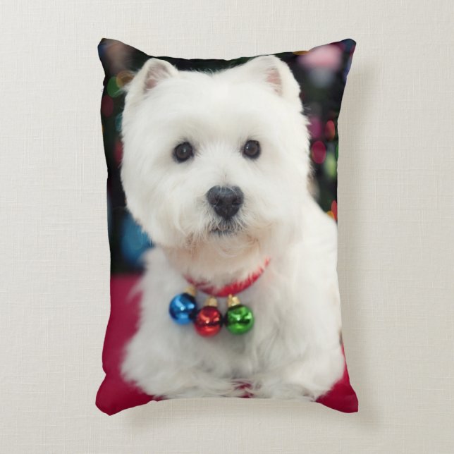 Puppy wearing Christmas bell on neck Accent Pillow (Front(Vertical))