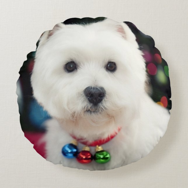 Puppy wearing Christmas bell on neck Round Pillow (Front)