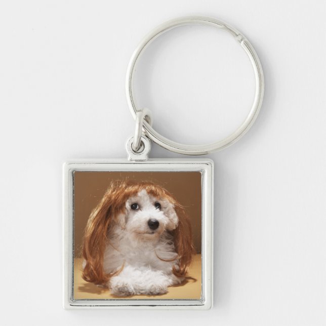 Puppy wearing ginger wig keychain (Front)