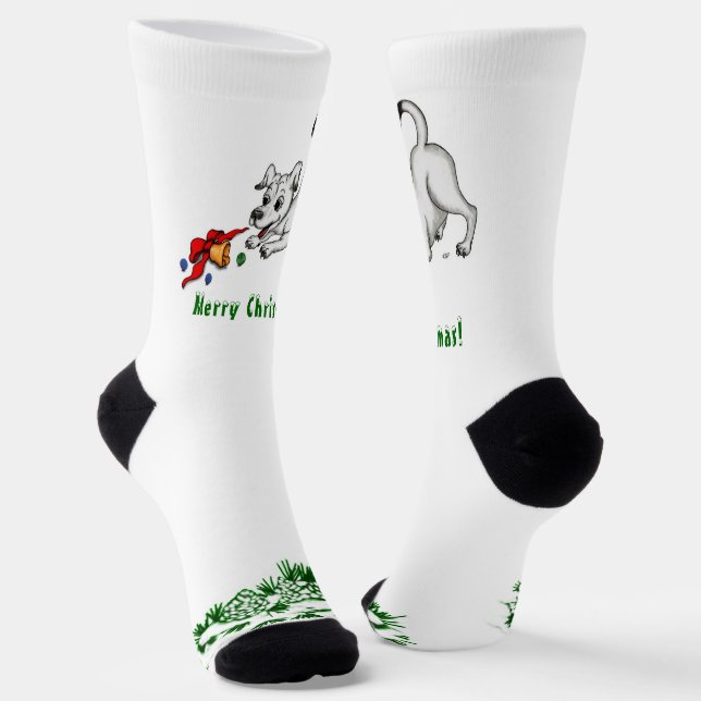 Puppy with Bell and Ball , Merry Christmas! Socks (Angled)