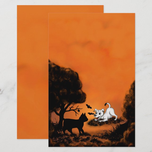 Puppy with Black Cat and Bat , Happy Halloween! Stationery (Front/Back)