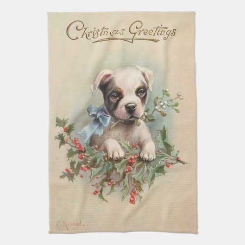 Puppy With Blue Bow Holding Christmas Mistletoe Kitchen Towel