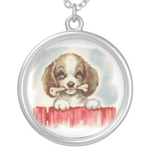 puppy with bone silver plated necklace
