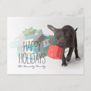 Puppy with Christmas gifts Holiday Postcard
