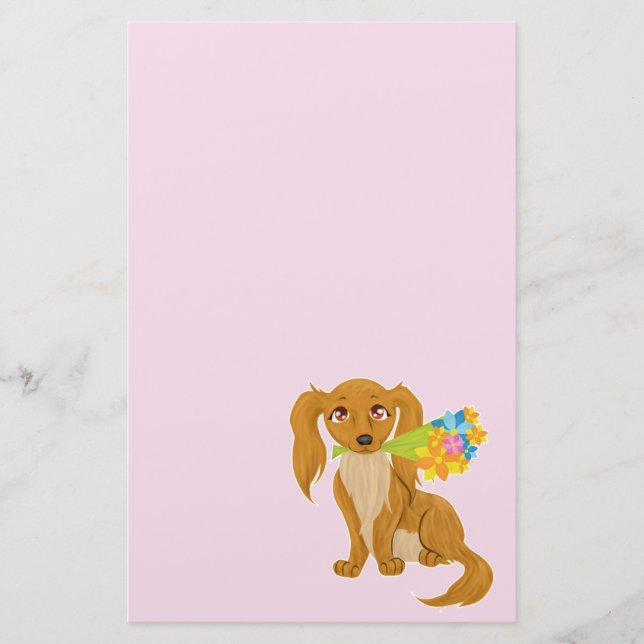 Puppy with Flower Bouquet Stationery (Front)