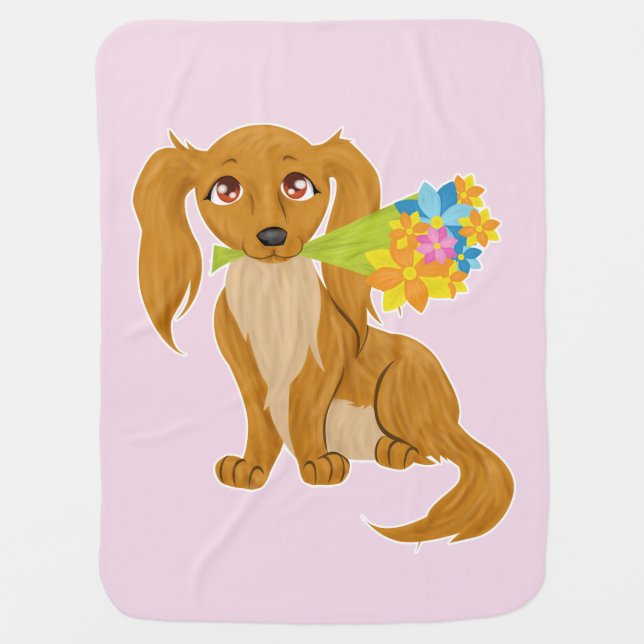 Puppy with Flower Bouquet Swaddle Blanket (Front)