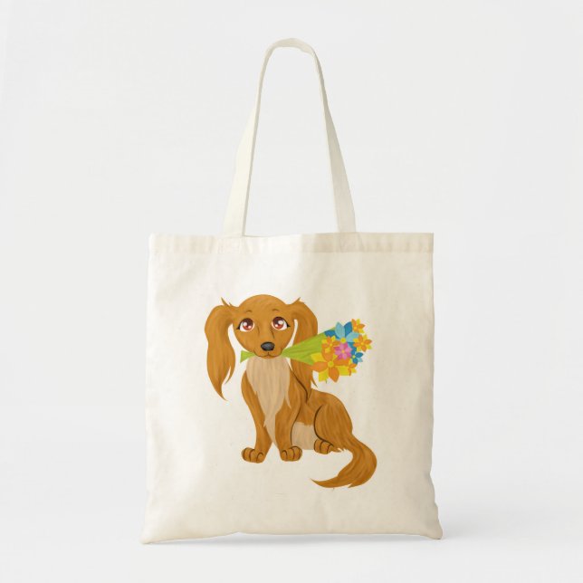 Puppy with Flower Bouquet Tote Bag (Front)