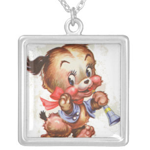 puppy with horn silver plated necklace