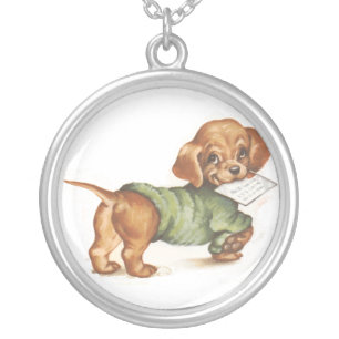 puppy with letter silver plated necklace