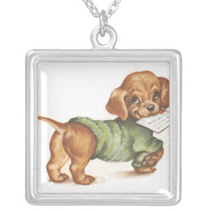 puppy with letter silver plated necklace