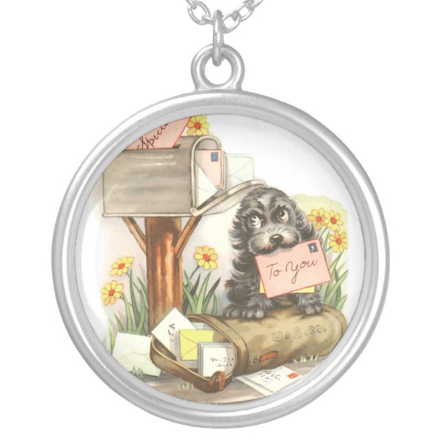 puppy with mail silver plated necklace (Front)