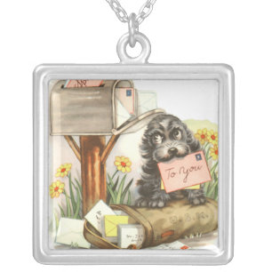 puppy with mail silver plated necklace