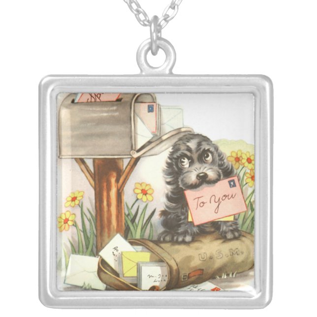 puppy with mail silver plated necklace (Front)