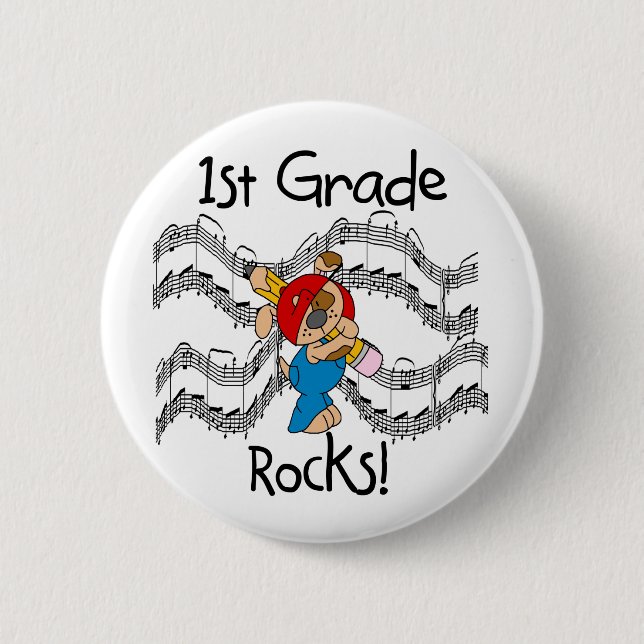 Puppy with Pencil 1st Grade Rocks Pinback Button (Front)