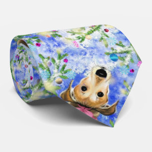 Puppy With Pink Ribbon - Merry Christmas Neck Tie