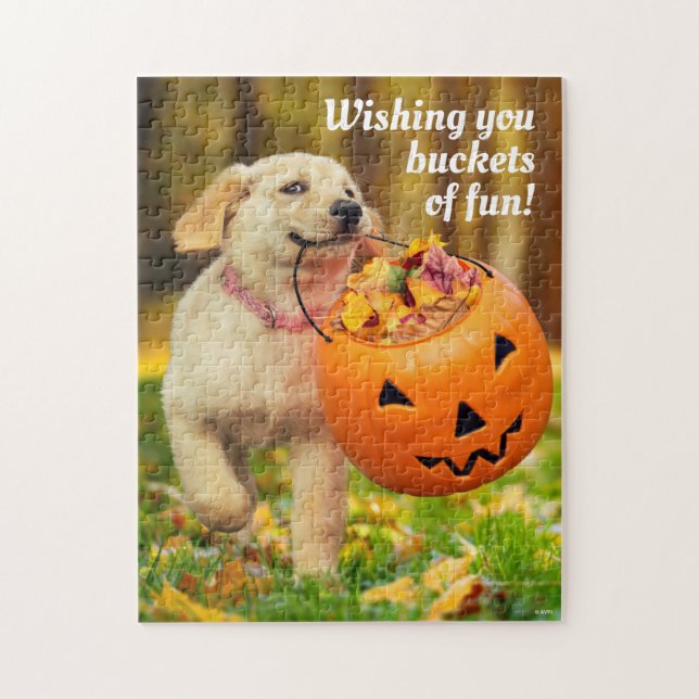 Puppy With Pumpkin Bucket Jigsaw Puzzle (Vertical)