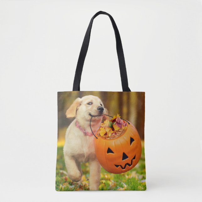 Puppy With Pumpkin Bucket Tote Bag (Front)