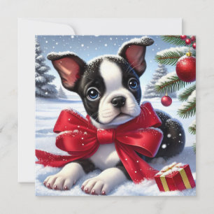 Puppy with Red Bow in Snowy Christmas Scene