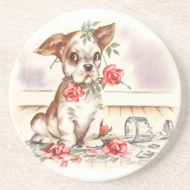 puppy with roses sandstone coaster (Front)