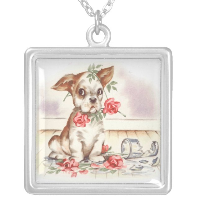 puppy with roses silver plated necklace (Front)