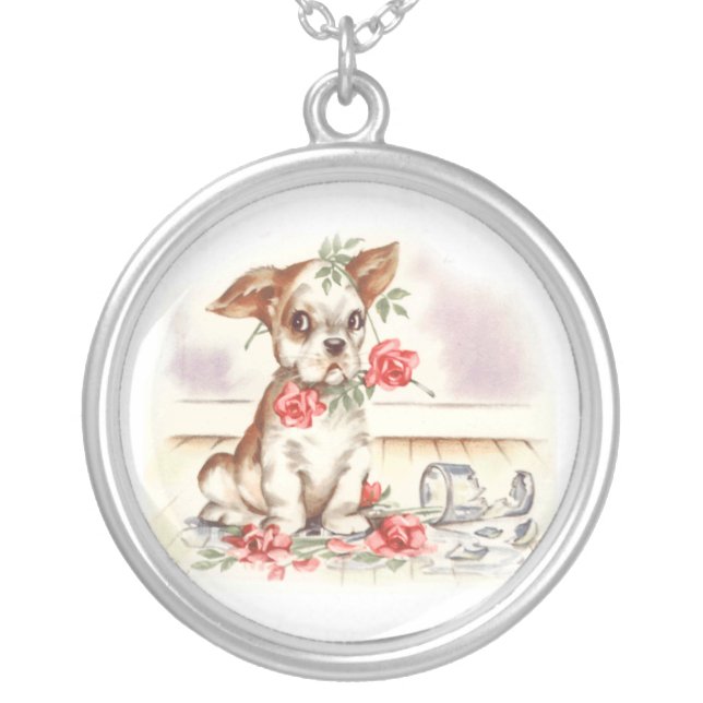 puppy with roses silver plated necklace (Front)