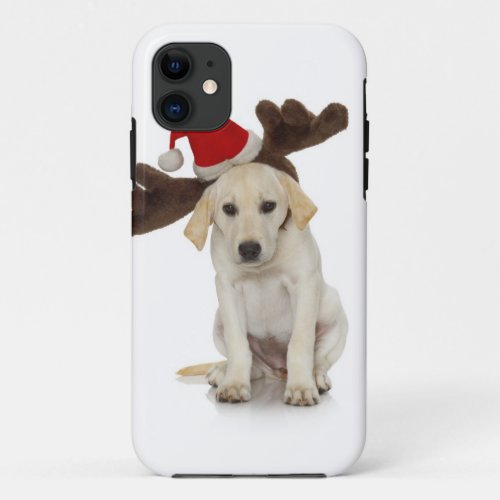 Puppy with Santa Hat and Reindeer Ears iPhone 11 Case