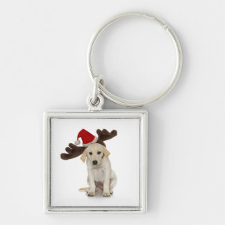 Puppy with Santa Hat and Reindeer Ears Keychain
