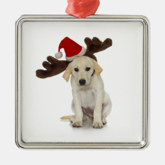 Puppy with Santa Hat and Reindeer Ears Metal Ornament