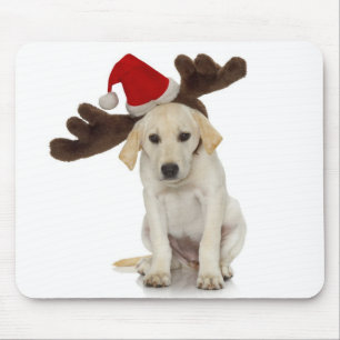 Puppy with Santa Hat and Reindeer Ears Mouse Pad