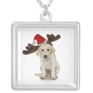 Puppy with Santa Hat and Reindeer Ears Silver Plated Necklace