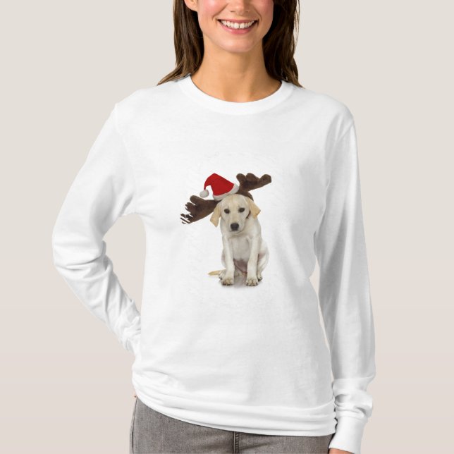 Puppy with Santa Hat and Reindeer Ears T-Shirt (Front)