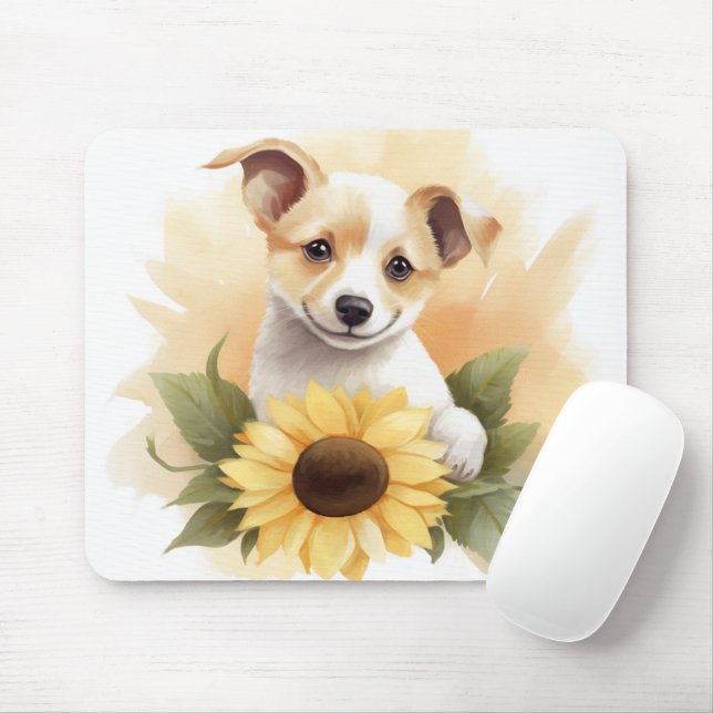 Puppy With Sunflower Mouse Pad (With Mouse)
