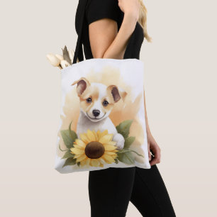 Puppy With Sunflower Tote Bag