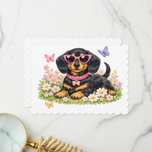Puppy with Sunglasses and Butterflies on Flowers Thank You Card