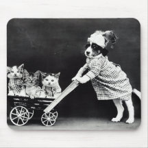 Puppy with Three Kittens in a Carriage