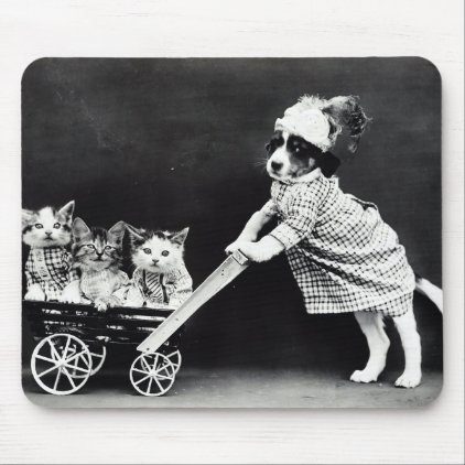 Puppy with Three Kittens in a Carriage Mouse Pad