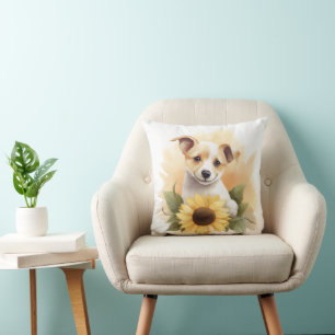 Puppy With Yellow Sunflower Throw Pillow