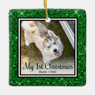 Puppy's 1st Christmas 2 Photo Ceramic Ornament