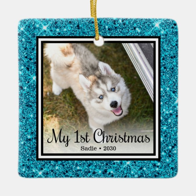 Puppy's 1st Christmas 2 Photo Ceramic Ornament (Front)