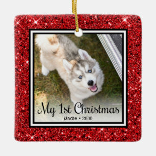 Puppy's 1st Christmas 2 Photo Ceramic Ornament