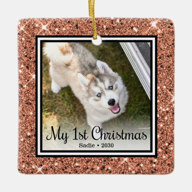 Puppy's 1st Christmas 2 Photo Ceramic Ornament (Front)